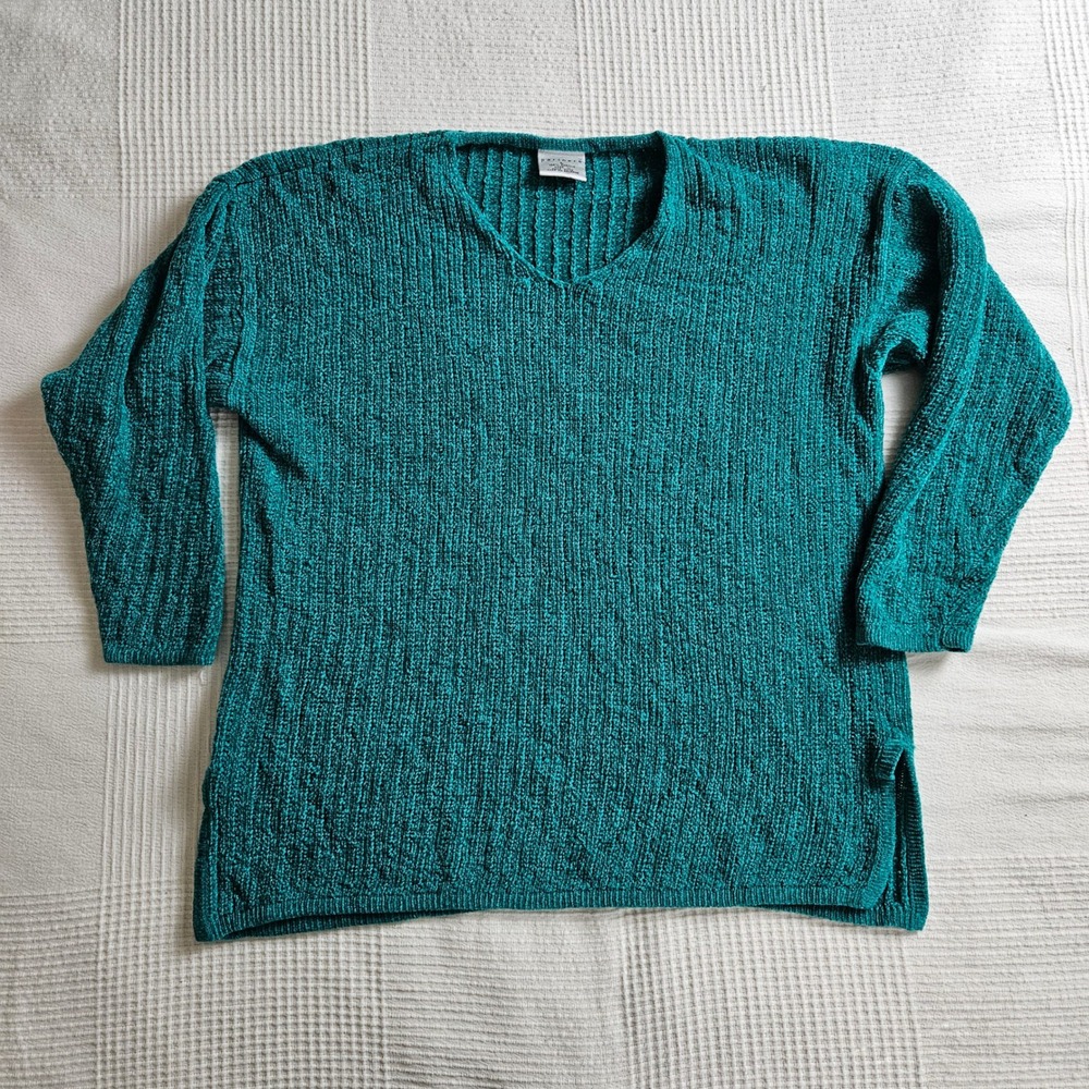 Vintage 80s Partners Preppy Teal Green Textured V Neck Sweater Knit Women L